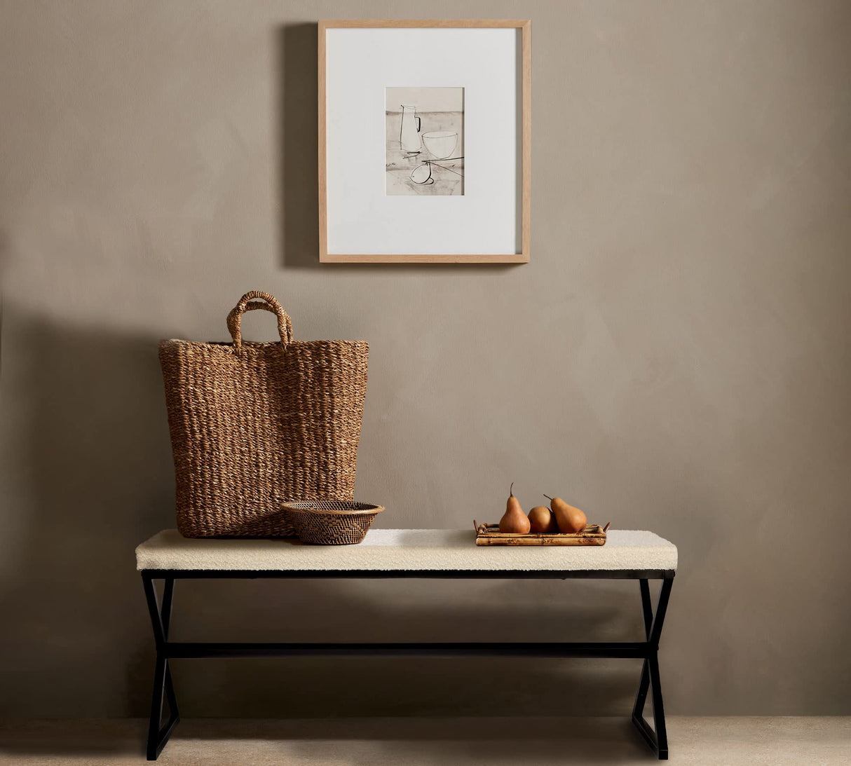 Household Essentials Harper Metal Bench with Boucle Upholstered Cushion, Cream and Black Household Essentials