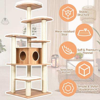 Tangkula Tall Cat Tree, 69-Inch Modern Cat Tower with Sisal Rope Scratching Posts, Wood Cat Tree with Multi-Layer Platform, Cat Condo Furniture with Washable Cushions for Indoor Cats Large Ad - WoodArtSupply