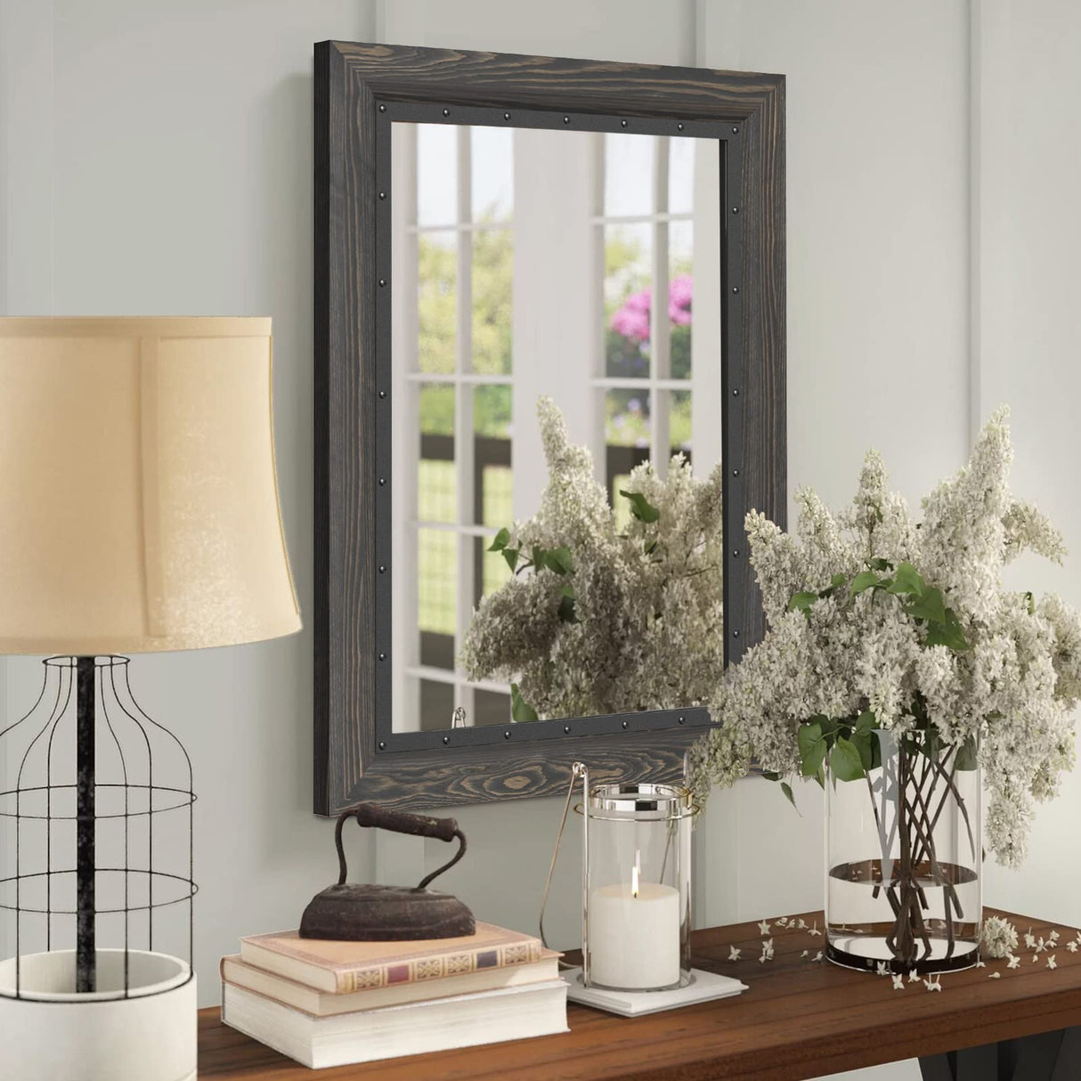 YOSHOOT Rustic Wooden Framed Wall Mirror, 48"x30", Natural Wood and Iron Bathroom Vanity Mirror for Farmhouse Decor, Vertical or Horizontal Hanging YOSHOOT