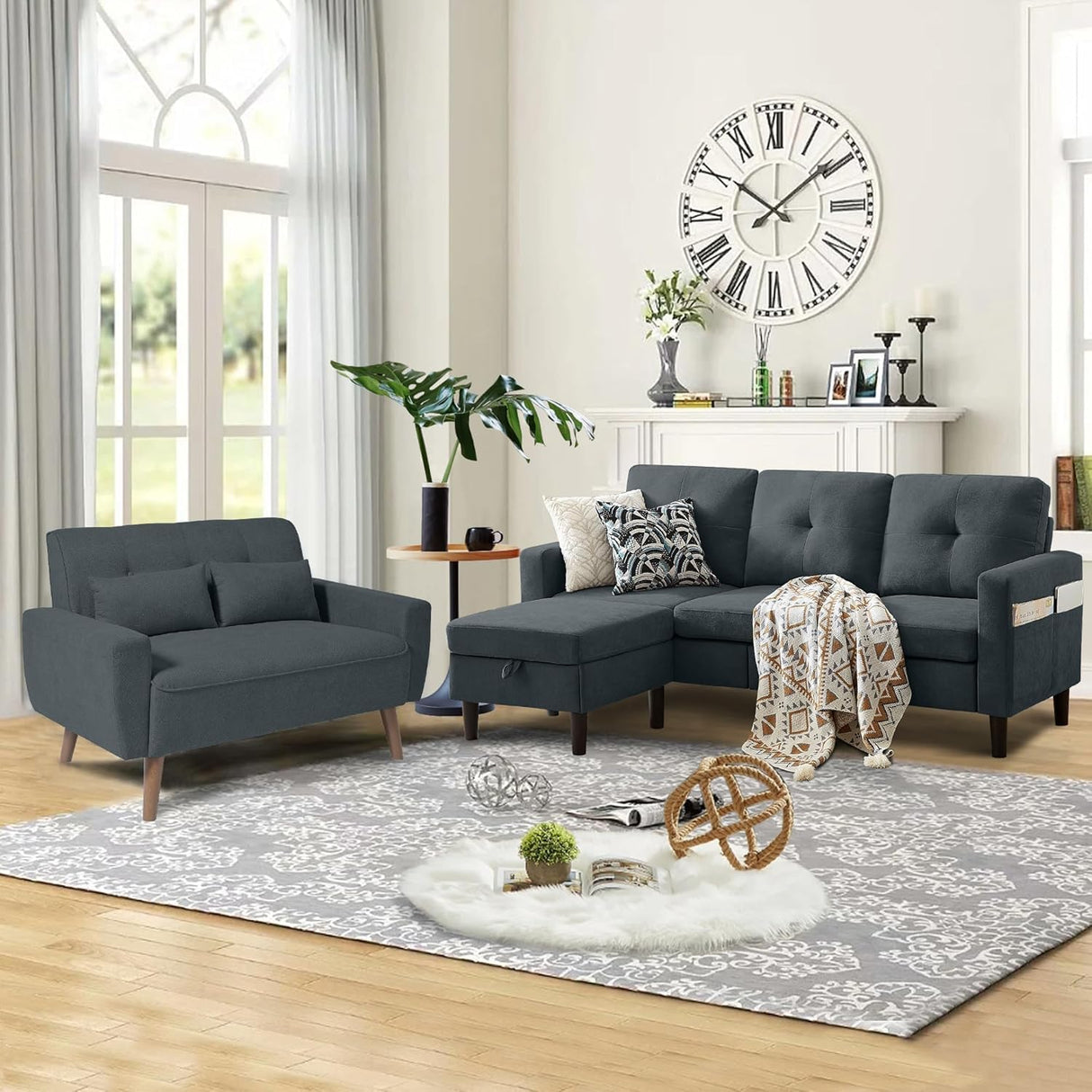Pingliang Home 2 Piece Comfy Couch Set, 3 Seater & 2-Seater Sofa and Loveseat Set with Ottoman, Modern Sofa Sets for Living Room/Apartment/Office, Dark Grey Pingliang Home