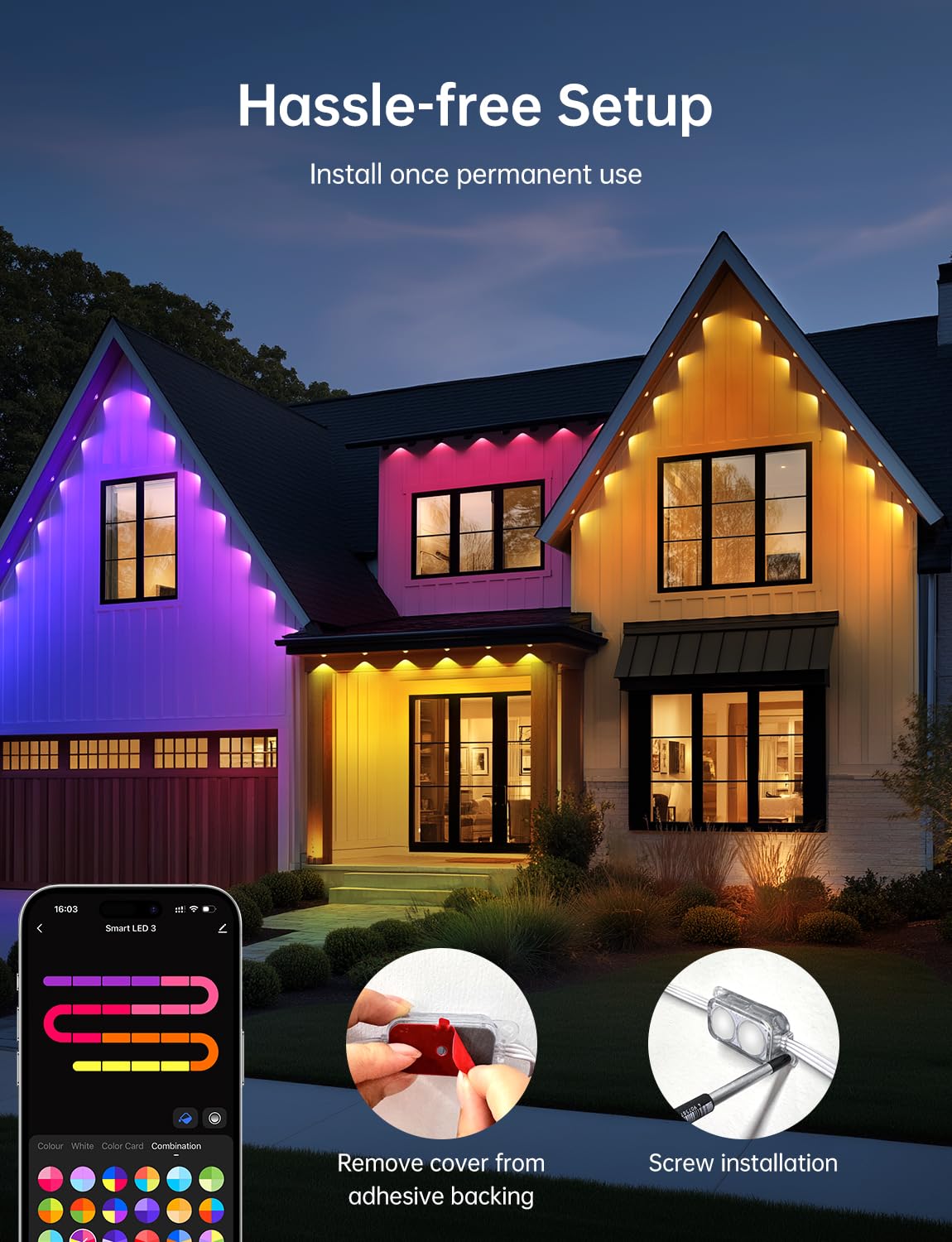 lemonlovely Permanent Outdoor Lights Pro, 100ft with 50 IC+RGBCW LED Smart Eaves Lights, Dual Lens, IP67 Waterproof Halloween Christmas Lighting for Daily and Holiday Decorations, DIY Scene Mode lemonlovely