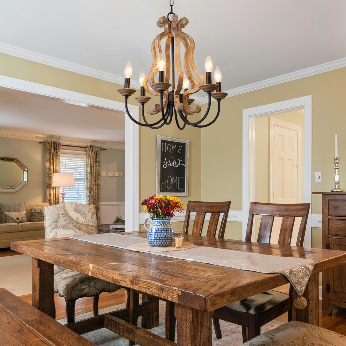 ANQIANYUE Farmhouse Chandelier, 6-Lights Wood Chandelier, Distressed Black Pendant Light Adjustable Height, Rustic Chandeliers for Dining Room Kitchen Island Foyer Living Room Entryway Hallway (18.3") ANQIANYUE