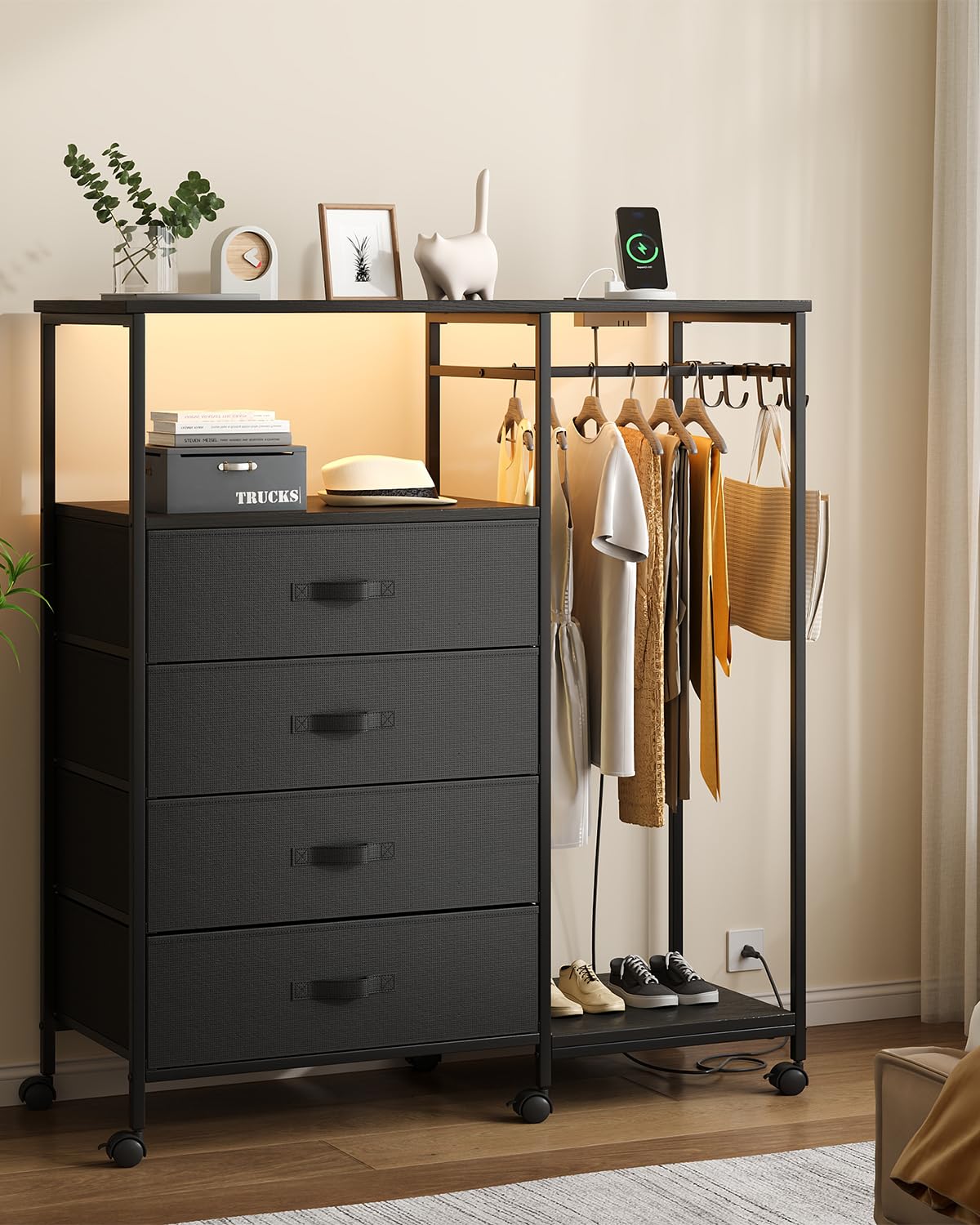 Seeday Dresser for Bedroom with Clothes Rack, 4 Drawers Dresser with Charging Station and LED Lights, Storage Chest of Drawers with Wheels, Wooden Top, for Closet, Living Room, Hallway, Black Seeday