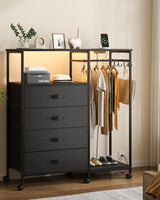 Seeday Dresser for Bedroom with Clothes Rack, 4 Drawers Dresser with Charging Station and LED Lights, Storage Chest of Drawers with Wheels, Wooden Top, for Closet, Living Room, Hallway, Black Seeday