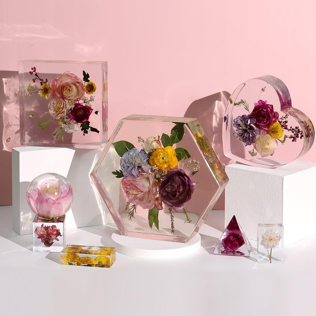 LET'S RESIN 8Pcs Resin Molds Silicone,Deep Epoxy Resin Molds for Flower Bouquet Preservation,Large Silicone Molds for Resin Casting Craft Including Square Hexagon Heart Resin Mold LET'S RESIN