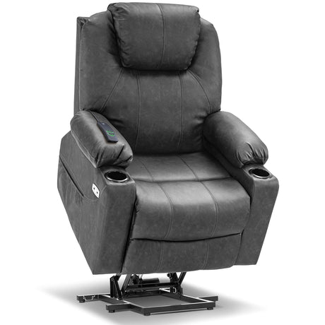 MCombo Electric Power Lift Recliner Chair Sofa with Massage and Heat for Elderly, 3 Positions, 2 Side Pockets, and Cup Holders, USB Ports, Faux Leather 7040 (Grey, Medium) MCombo