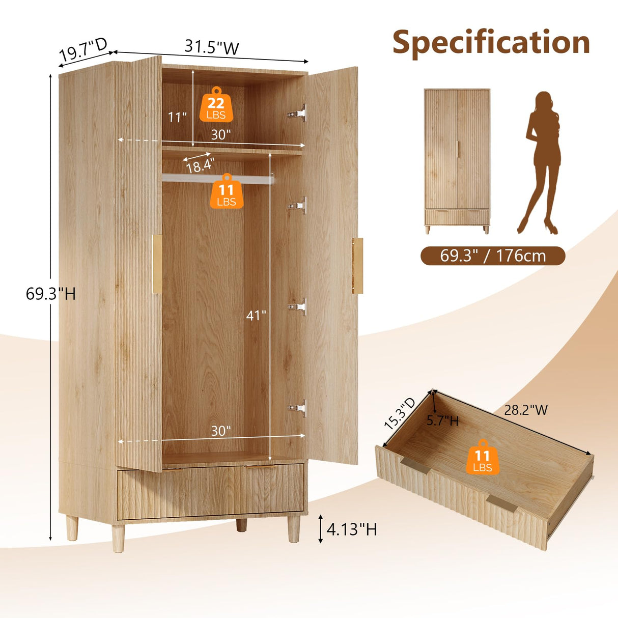 VINGLI Fluted Wardrobe Closet Armoire with Doors And Drawers, Wardrobe Cabinet with Hanging Rack, Bedroom Closet Wood, Oak Free Standing Armoire with Shelf and Solid Wood Legs, 31.5"W*19.7"D*69.3"H VINGLI