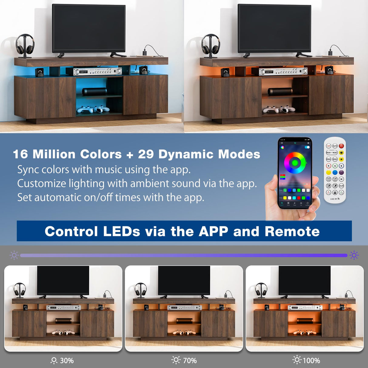 HOMMPA LED Lift Top Coffee Table and TV Stand Set of 2,Modern LED Entertainment Center with Power Outlets for up to 65" TV, Coffee Table with Hidden Compartment & 2 Open Shelve Walnut HOMMPA
