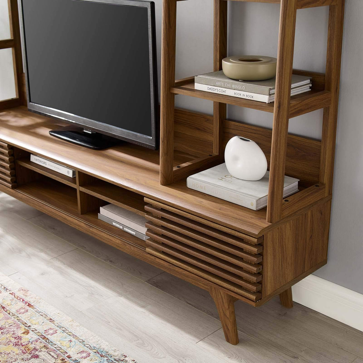 Modway Render Mid-Century Modern TV Stand Entertainment Center, 70", Walnut Modway