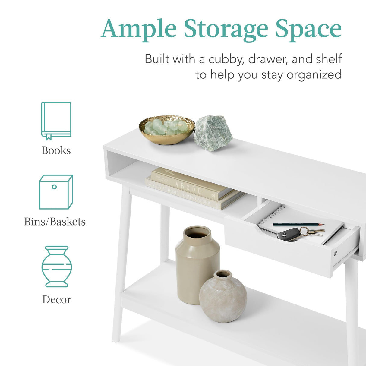 Best Choice Products Mid-Century Modern Console Table, Sofa Table, Accent Furniture for Hallway, Living Room, Entryway Foyer Space-Saving w/Cubby, Drawer, Lower Storage Shelf - White Best Choice Products