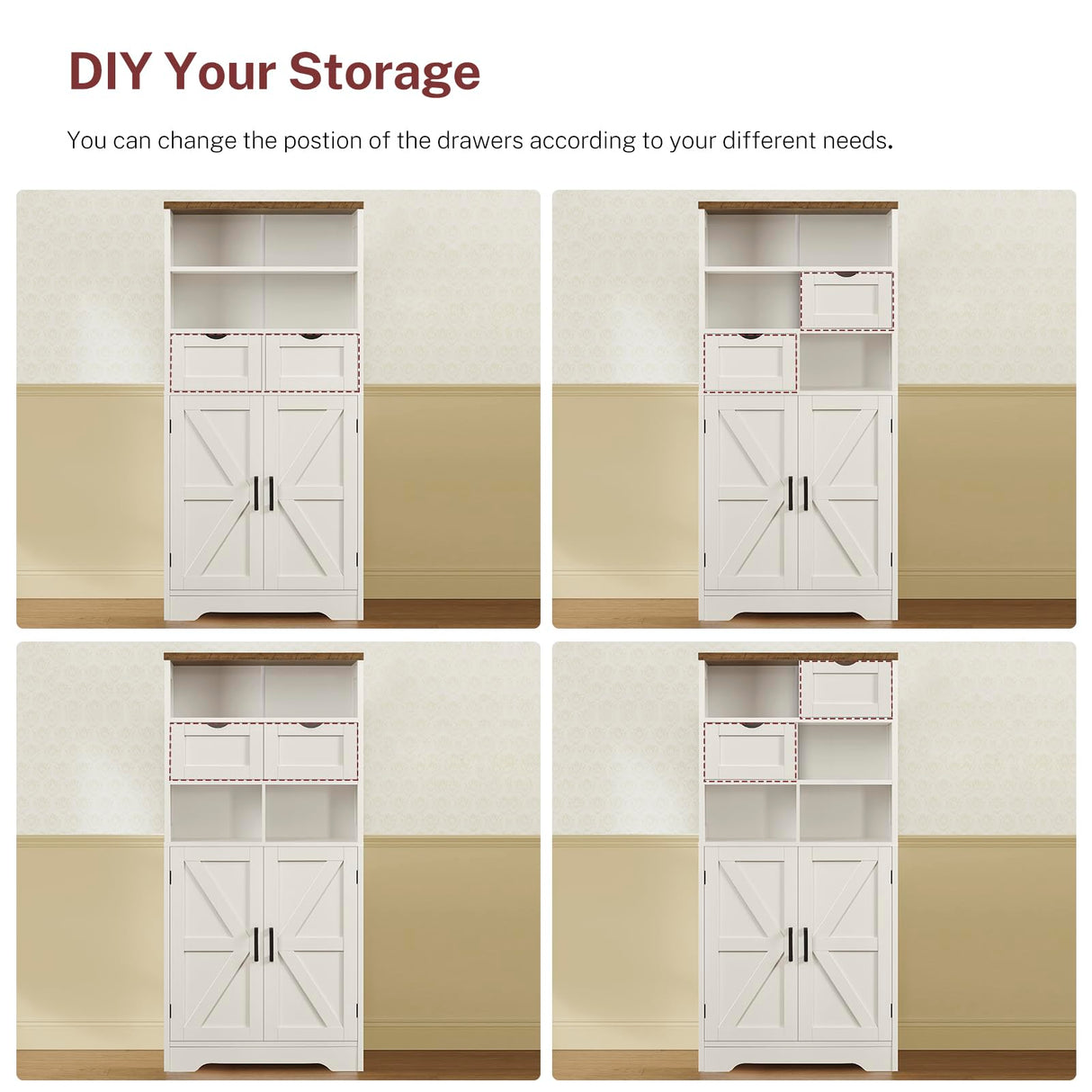 TEENFON Storage Cabinet with Doors & 2 Drawers, Kitchen Cabinet with Adjustable Shelf, Pantry Cabinets, Bathroom Cabinets, for Living Room, Entryway, Home Office, White TEENFON