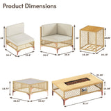 9-Piece Outdoor Patio Furniture Set with Large Fire Pit Table, Boho Wicker Outdoor Conversation Sectional Set & 60,000 BTU Rectangle Propane Fire Pit, Storage Box & Tempered Glass Coffee Table LYNSLIM