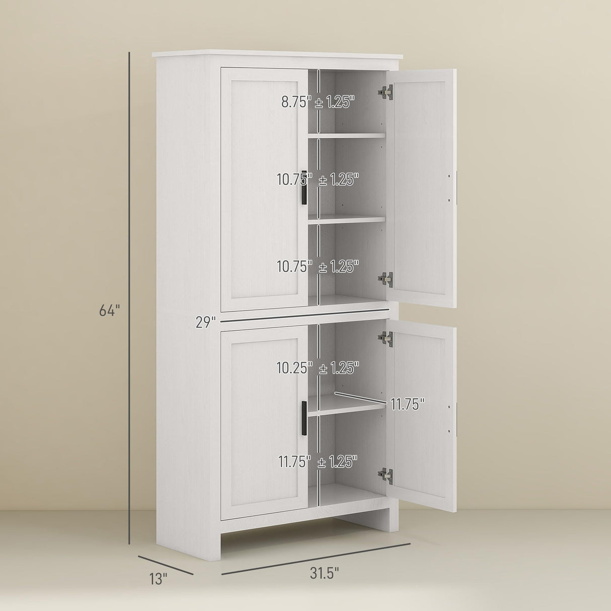 HOMCOM 64" Kitchen Pantry Cabinet, Freestanding Storage Cabinet with 4 Doors and 3 Adjustable Shelves for Dining Room, Antique White HOMCOM