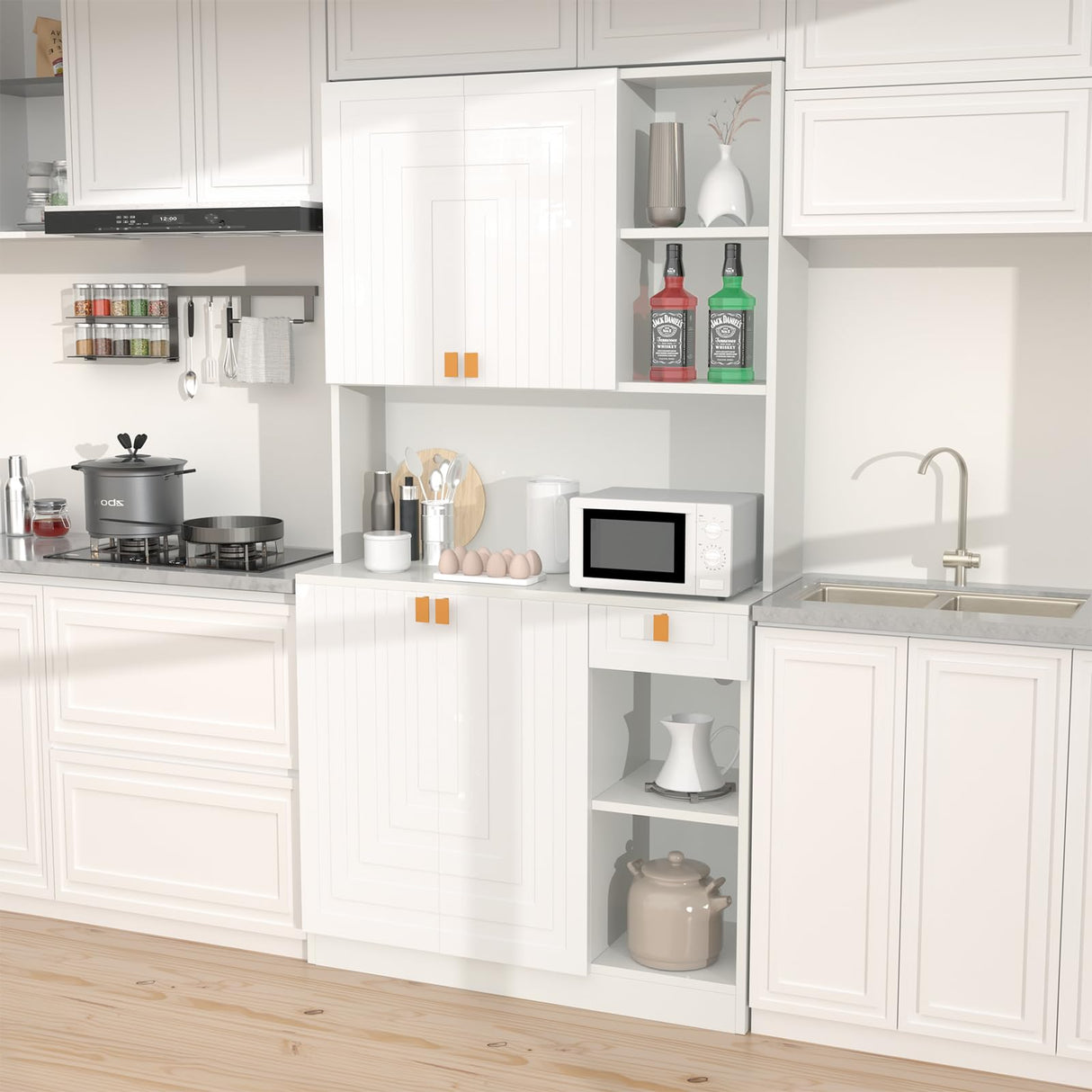 Buenhomino White Kitchen Pantry Cabinet, 71" Hutch Cabinet with Countertop & Power Outlet & Adjustable Shelves, High Gloss Wood Buffet Cabinet with Microwave Stand for Living Room, Dinning Room Buenhomino