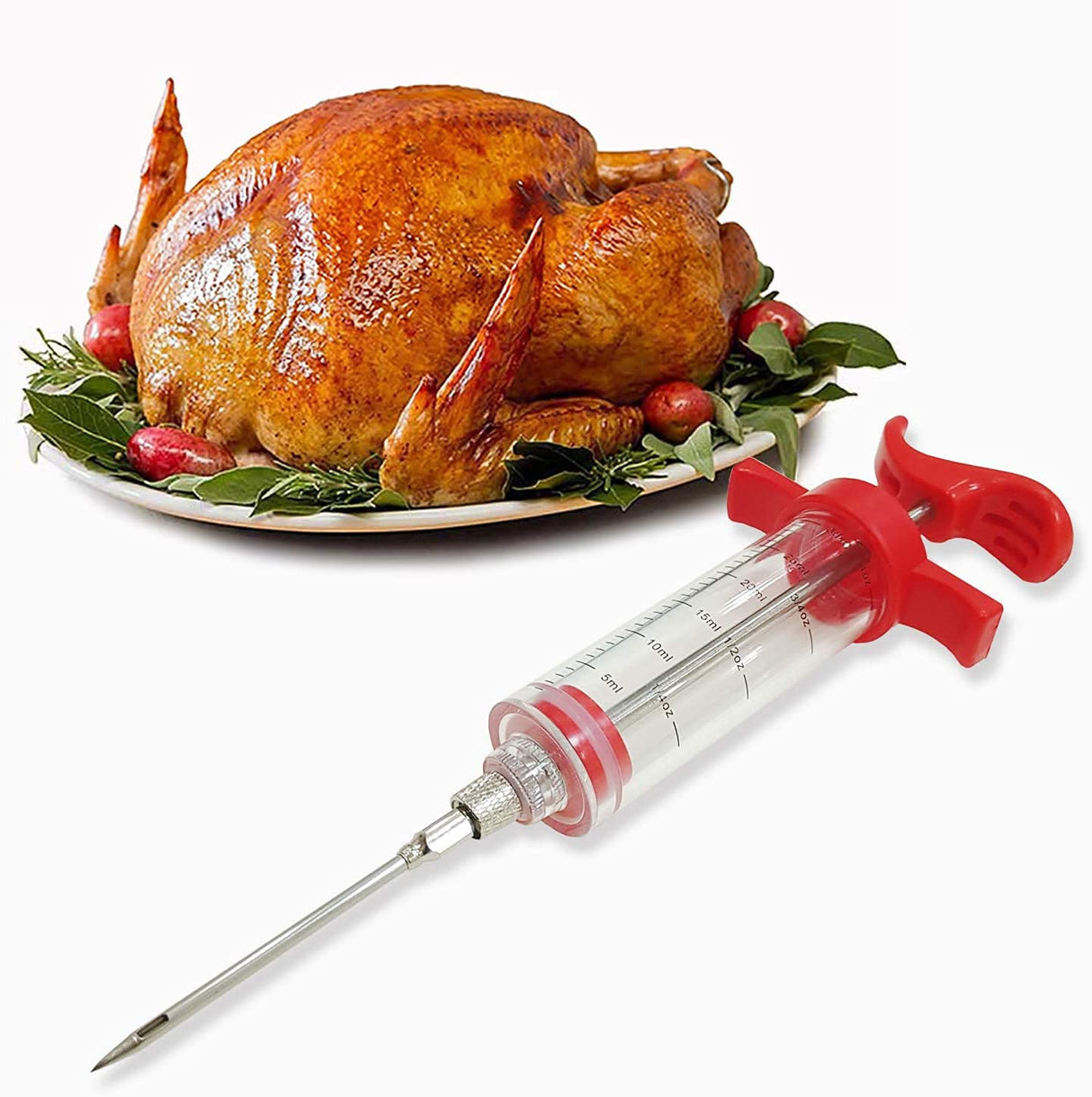 Meat Injector Syringe,Stainless Steel Food Seasoning Syringe Kit with 1pc Barbecue Brush, 2pcs Needles and 1pc Needles Cleaner, Great for BBQ, Grilling, Baking and Cooking Jasni