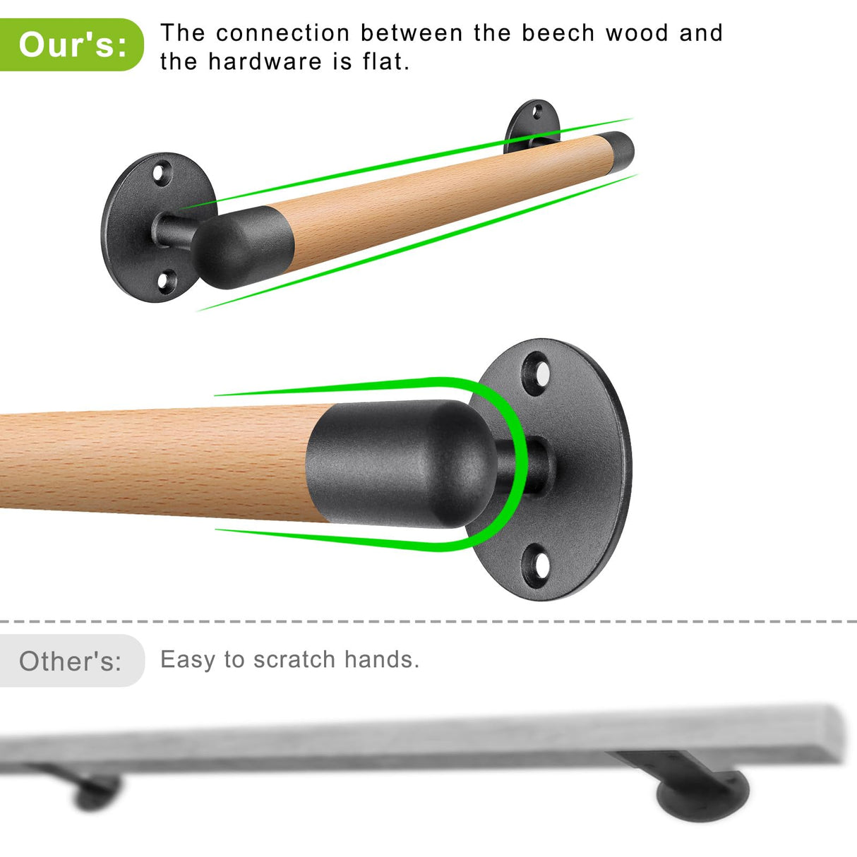 SELEWARE 26 Inch Wood Handrail Stair Handrail Drywall or Concrete Mount Handrail w/Sturdy Metal Base, Barrier-Free Staircase Grab Bar for Elderly, 1.3 Inch Round SELEWARE