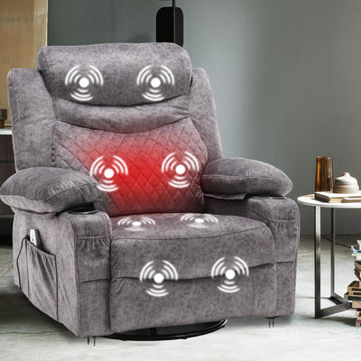 linting Electric Swivel Rocker Recliners with Massage and Heat for Adults Fabric Overstuffed Power Swivel Recliner with Cup Holders USB Port, Rocking Glider Chairs Grey