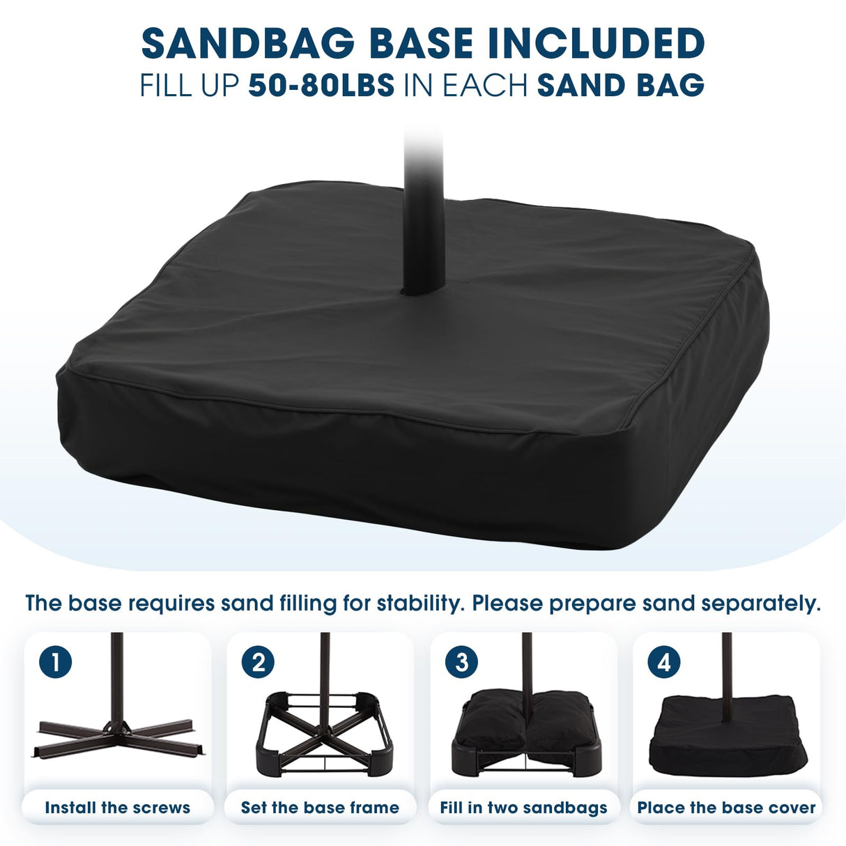 wikiwiki 10FT Solar Patio Offset Umbrella with Base Included, Outdoor Cantilever Umbrella Hanging Umbrellas with Weighted Sandbag Base, Market Patio Umbrella for Backyard, Garden & Deck, Sky Blue wikiwiki