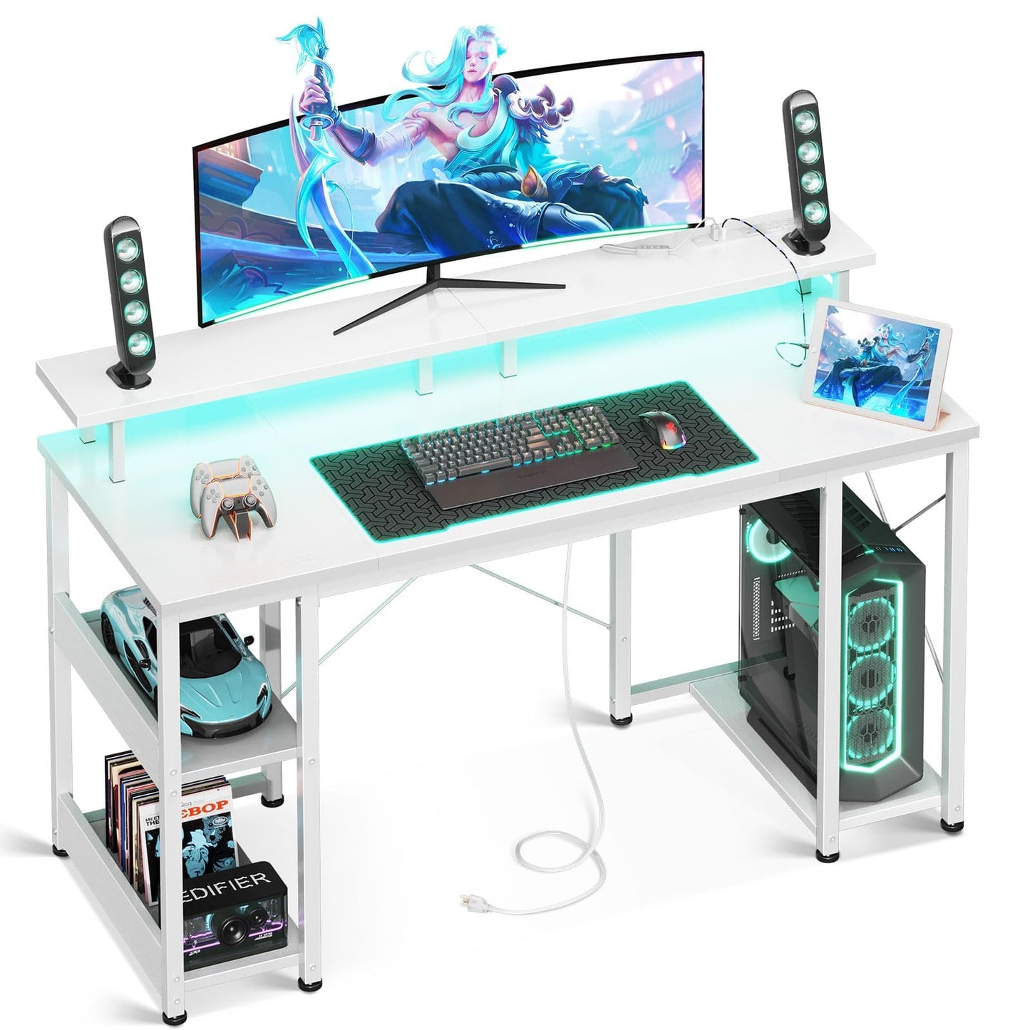 ODK 48 inch Gaming Desk with LED Lights & Power Outlets, Computer Desk with Monitor Stand & Storage Sheves, CPU Stand, Home Office Desk, White - WoodArtSupply