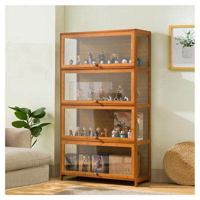 Display Cabinet with Acrylic Doors for Collectibles 4 Tier 3 Tier Small Curio Cabinet Display Case for Figures Wood Storage Cabinet for Bedroom Living Room Playroom Kitchen,Brown,4 Tier_Flip Up Door