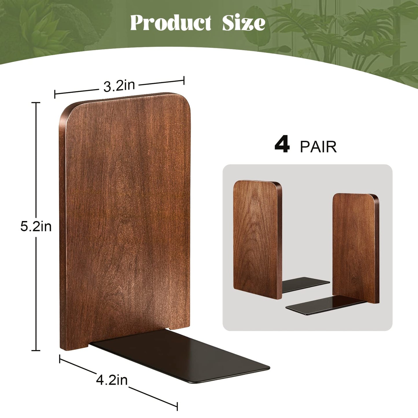 Eaasty 4 Pairs Wood Book Ends Walnut Bookends 5.2 x 3.2 x 4.2 Inches Sturdy Book Stoppers Book Holder Office Desk Decor Wood Desk Accessories Large Office Book Stand for Books, Decorative Book Shelf