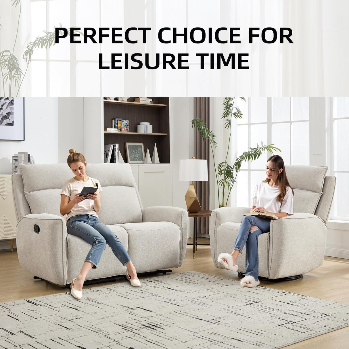 INZOY Manual Recliner Sofa Furniture Set for Living Room, Included Chenille Nursing Chairs Swivel Glider Recliners, Wall-Hugger 2 Seat Reclining Loveseat, Double Reclining Sofa Couch, Beige, 1+2 INZOY