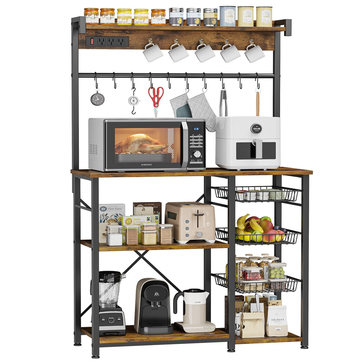 Kalrin Rustic Brown Large Bakers Rack with Power Outlets, Hooks, and Wire Baskets for Organised Kitchen Storage Kalrin