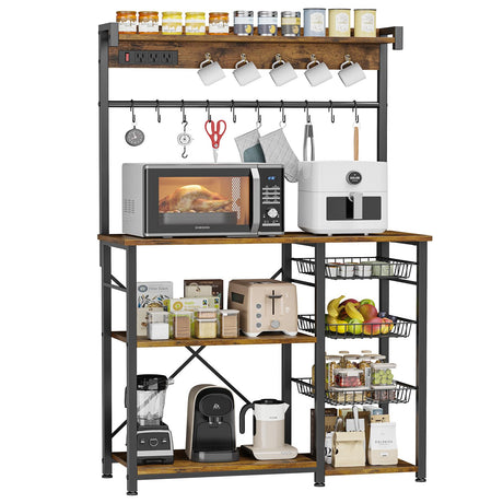 Kalrin Rustic Brown Large Bakers Rack with Power Outlets, Hooks, and Wire Baskets for Organised Kitchen Storage Kalrin