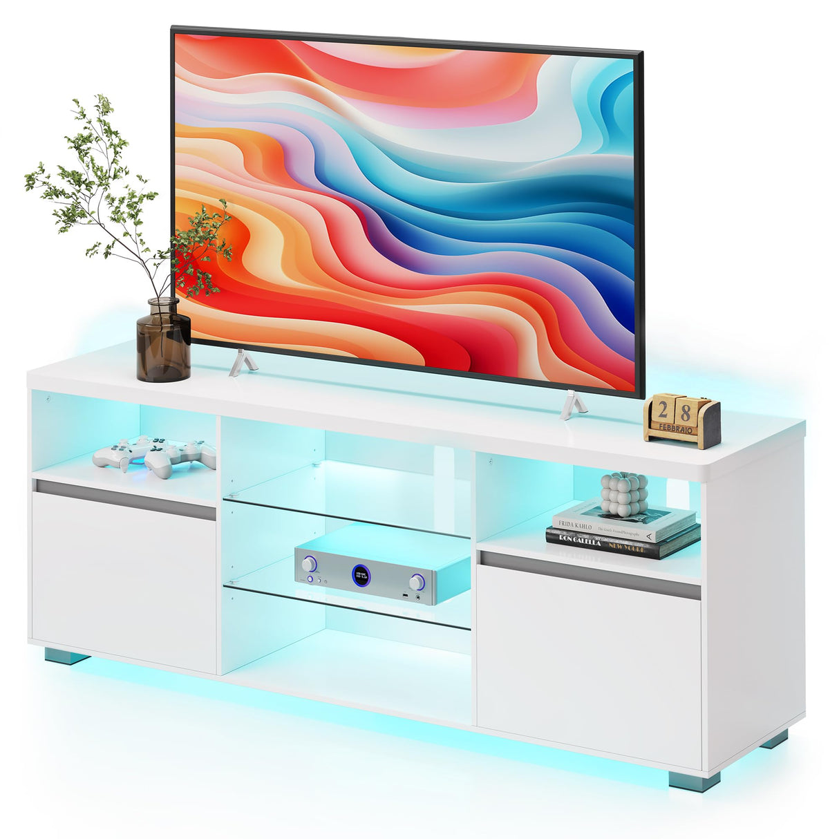 VASAGLE Stand with LED Lights 70 Inch, Entertainment Center with Open Glass Shelves, 2 Cabinets with Doors, 63 Long, TV Console for Bedroom Living Room, White ULTV330T10, 63 x 15.7 x 23.6 Inches VASAGLE