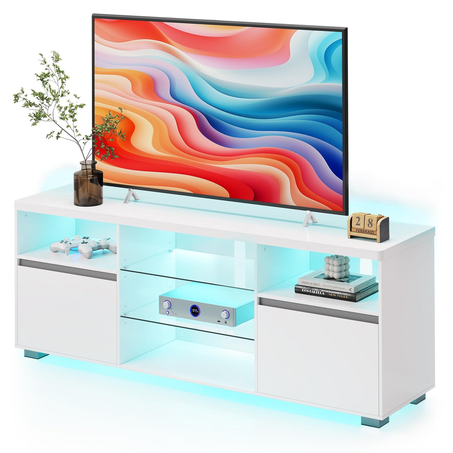 VASAGLE Stand with LED Lights 70 Inch, Entertainment Center with Open Glass Shelves, 2 Cabinets with Doors, 63 Long, TV Console for Bedroom Living Room, White ULTV330T10, 63 x 15.7 x 23.6 Inc - WoodArtSupply