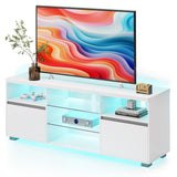 VASAGLE Stand with LED Lights 70 Inch, Entertainment Center with Open Glass Shelves, 2 Cabinets with Doors, 63 Long, TV Console for Bedroom Living Room, White ULTV330T10, 63 x 15.7 x 23.6 Inches VASAGLE