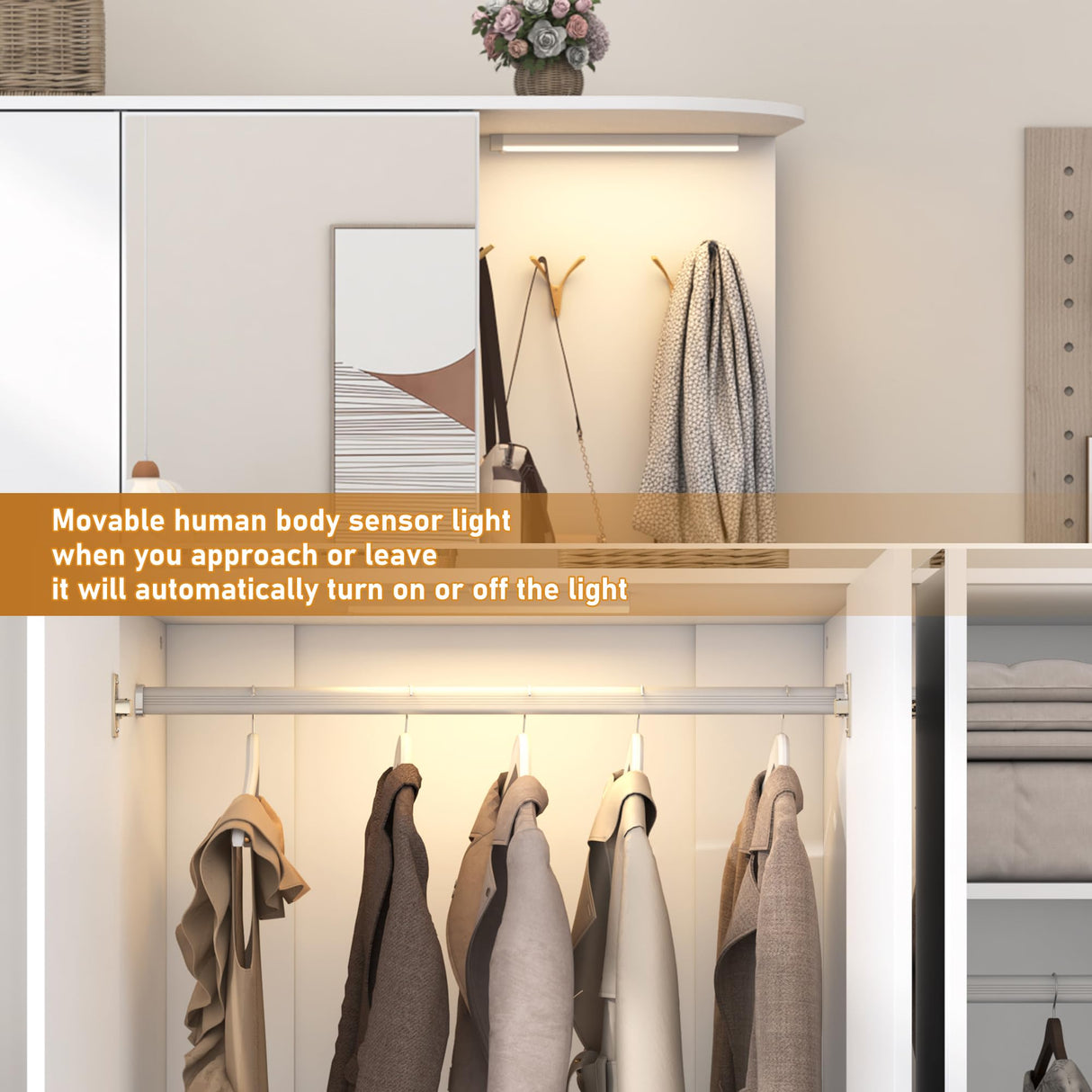 XVD Armoire Wardrobe Closet with Mirror & Sensor Light, Bedroom Armoire with 5 Doors & 2 Drawers, Modern Wooden Large Wardrobe Closet with Shelves, 4 Hooks, 2 Hanging Roods, Open Space, White XVD