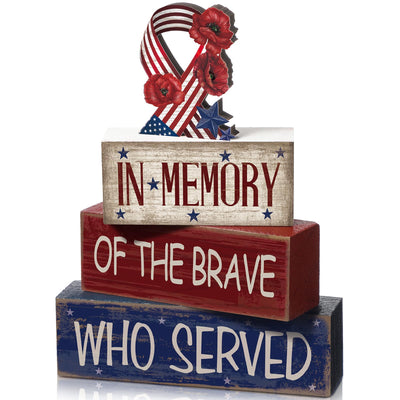 CroBlissful 4 Pcs Memorial Day Decorations Patriotic Tiered Tray Decorations 4th of July Table Sign Farmhouse Red White Blue Rustic Wood Block Stack Sign for Home Shelf Mantel(Ribbon)