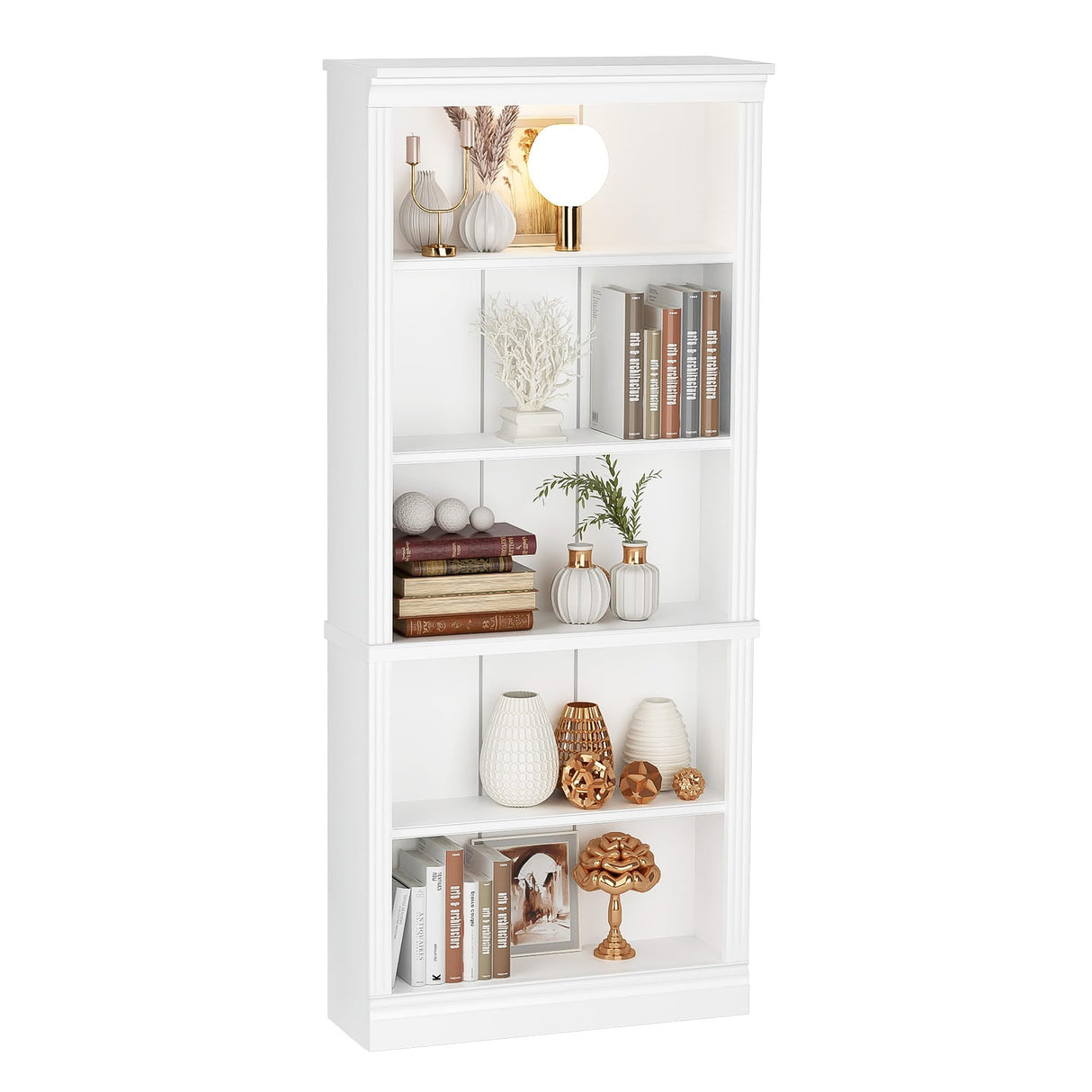 Furniwell 72" White 5-Shelf Tall Bookcase with Modern Design and Large Storage Capacity Furniwell