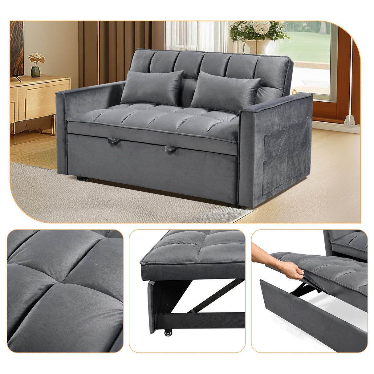 3 in 1 Convertible Sleeper Sofa Bed, Modern Velvet Loveseat Pull-out Sofa Couch w/Pullout Bed, Small Love Seat Lounge Sofa w/Reclining Backrest,Toss Pillows, Pockets, for Living Room (Grey, 55.1) CAPCAEK