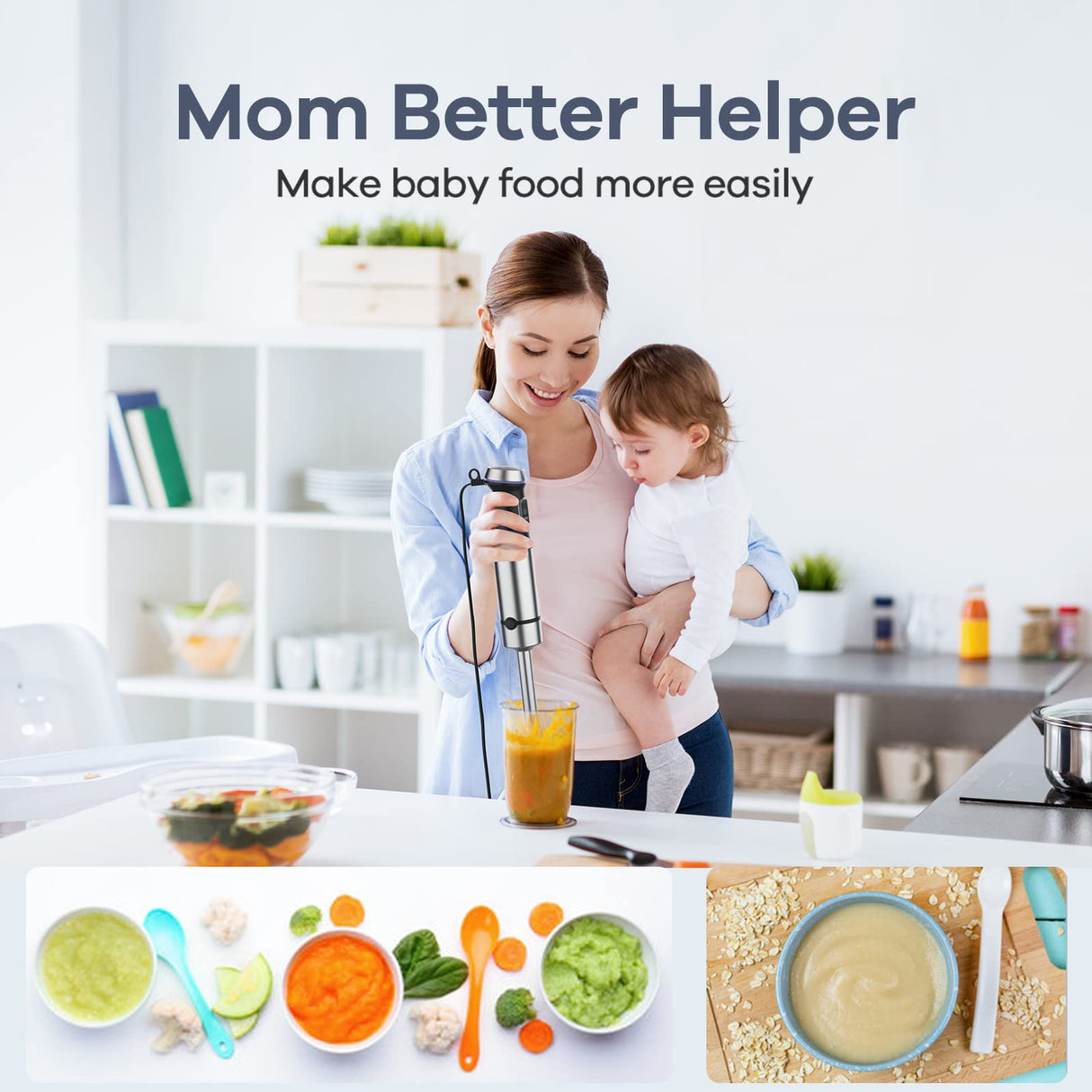 Ganiza Immersion Blender 5 in 1 Hand Blender Max 1000W Heavy Duty Motor, 16 Speed Mode Handheld Blender Stainless Steel Blade With 800ml Mixing Beaker, 600ml Chopper, Whisk and Milk Frother Ganiza