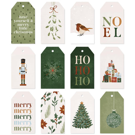 Whaline 120Pcs Christmas Paper Gift Tags Mixed Xmas Tree Nutcracker Hanging Name Tags with Hemp Rope Green Merry Label Tags for Party Favor Decor Supplies, 12 Designs Whaline