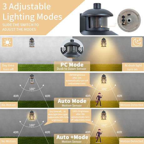 Dusk to Dawn Motion Sensor Outdoor Porch Light with GFCI Outlet,3 Lighting Modes Anti-Rust Waterproof Industrial Outdoor Lantern,UL ETL Listed,Exterior Work Lights Rustic Wood-Like Finish Wall Light Ejerlya