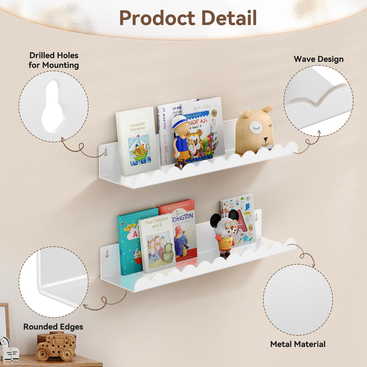 Gattlukd Nursery Book Shelves, 17 Inch White Metal Floating Shelves for Wall 4 Pack, Wall Mounted Book Shelf for Kids Room, Bedroom, Bathroom, Playroom Decor Gattlukd