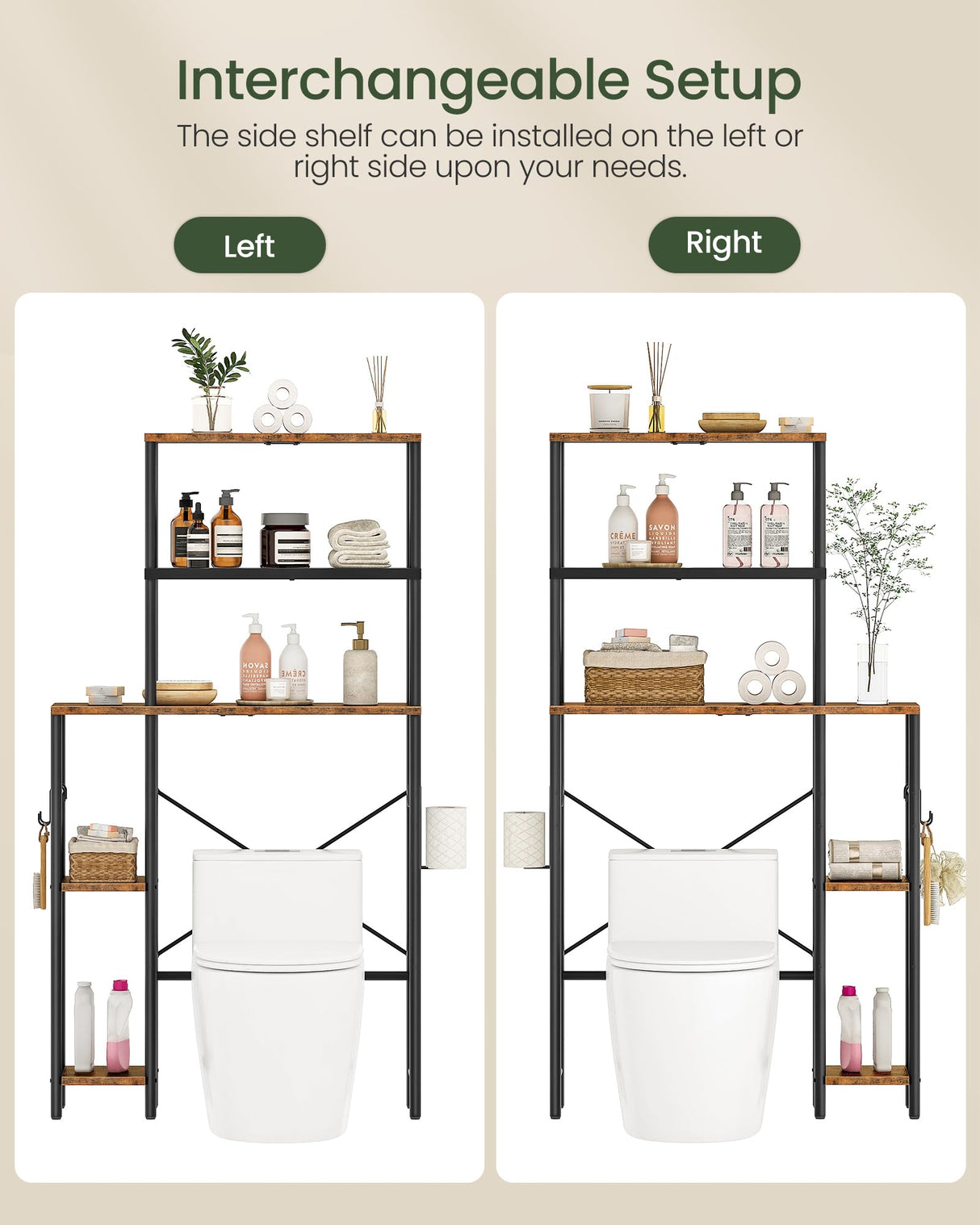 CHOEZON Over The Toilet Storage, 6-Tier Bathroom Organizer Shelf, Over-Toilet Storage Cabinet with Toilet Paper Hook, Space Saving, for Bathroom, Laundry, Entryway, Rustic Brown and Black TTS02BF CHOEZON