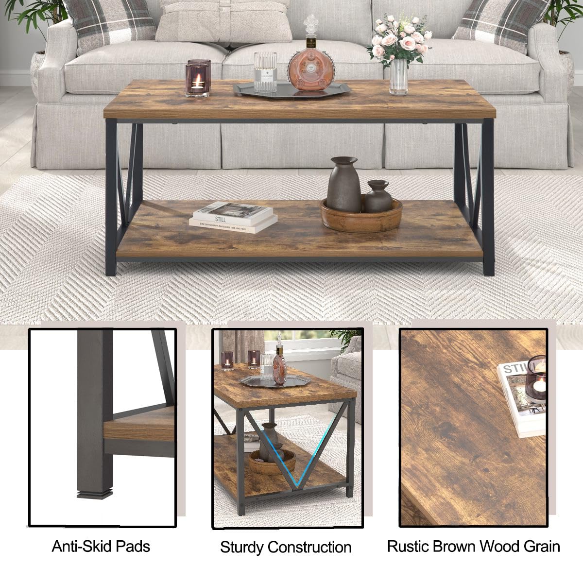 EXCEFUR Modern Coffee Table, Industrial Metal and Wood Living Room Table with Storage Shelf, Rustic Brown EXCEFUR