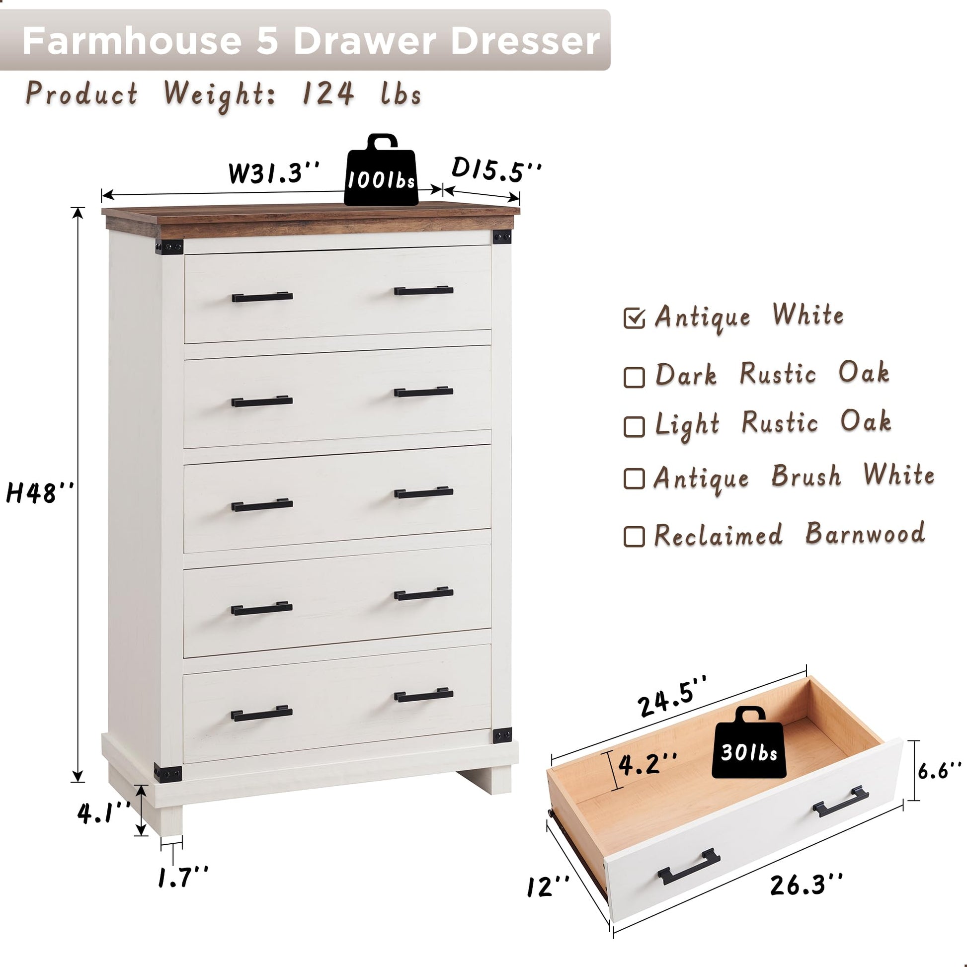 RedLemon Farmhouse 5 Drawers Dresser for Bedroom, Wood Tall Chest of Drawers with Thick Plank Styling, Rustic Closet Dresser for Bedroom, Living Room, Antique White - WoodArtSupply