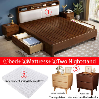 Solid Wood Bed Frame with Mattress and 2 Nightstand, Farmhouse Bedframe with Headboard, Storage, USB Port and Night Light (Walnut Pull-Out Storage