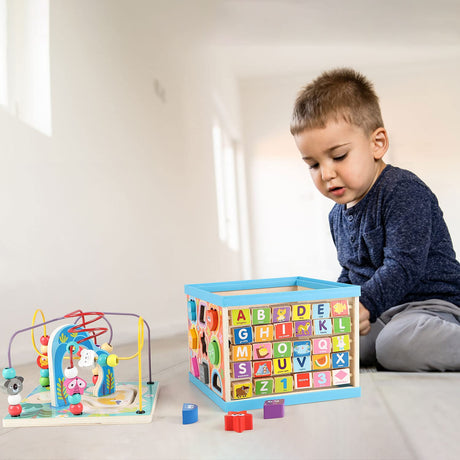 Qilay Wooden Activity Cube for Toddlers 3, 5 in 1 Multipurpose ABC-123 Abacus Early Educational Montessori Toys, Learning Toys for 3 Year Old | Bead Maze, Great for Boys Girls Toddlers Qilay
