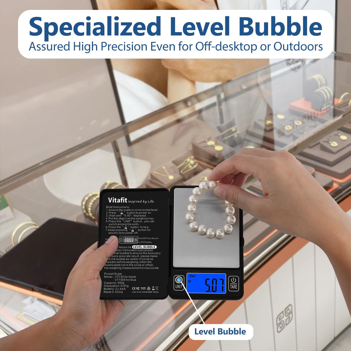 Vitafit 500g Digital Gram Scale in 0.01g, High Accuracy Assured by Built-in Level Bubble, Scale Professional Since 2001, Pocket Scale for Multi-Function: Kitchen, Food, Jewelry, Lab, Coffee, Black Vitafit