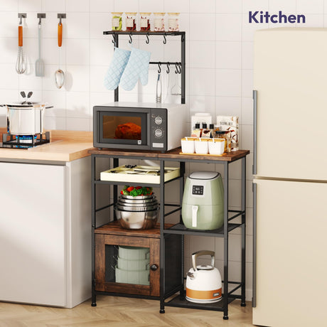 SWTYMIKI Bakers Rack with Storage - Coffee Bar Cabinet Organizer with 8 Hooks, Shelves & Cabinet Door, Coffee Station for Kitchen Dining Room, Microwave Stand with Adjustable Feet, Espresso SWTYMIKI