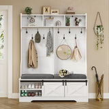 UPOSOJA Hall Tree with Bench and Shoe Storage, Entryway Bench with Coat Rack, Modern Farm House Barn Door 3-in-1 Hall Tree with Storage Cushioned Bench Stool and Hooks for Hallway, Living Room (60IN) UPOSOJA