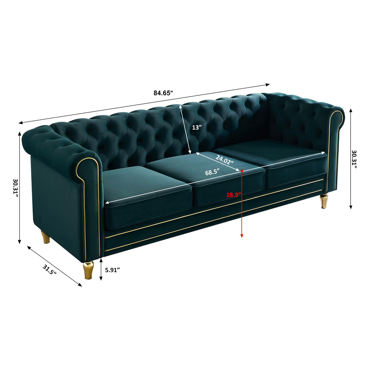 Homtique 84" Modern Green Velvet Chesterfield Sofa, 3-Seater, Button Tufted, Rolled Arms, Gold Legs Homtique