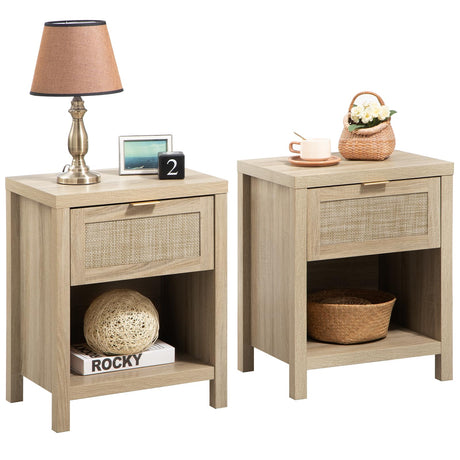 SICOTAS Rattan Nightstands Set of 2, Farmhouse Night Stands with Drawer Bedside Table - Boho End Table Side Table Accent Table for Bedroom Living Room, Light Oak Wood SICOTAS