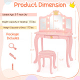 Costzon Kids Vanity with Lights, Girls Vanity Set with Mirror and Stool, Drawer, 2 in 1 Princess Makeup Desk Dressing Table, Toddler Vanity, Pretend Play Kids Vanity Table and Chair Set (Pink) Costzon